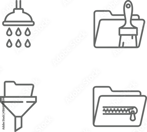 Data management folder icon set featuring file cleaning with brush filtered document storage and zipped compressed archive folder vector line art for web interface design.
