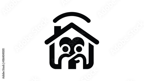 A simple black and white icon depicts a house with a family silhouette inside representing home and togetherness