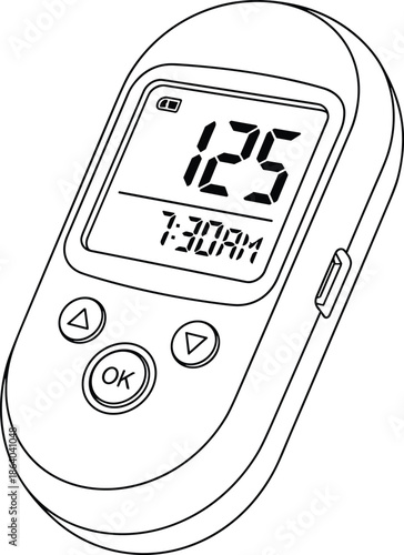 Digital blood glucose monitor glucose meter device vector illustration for diabetes management healthcare medical equipment isolated line art icon for patient wellness tracking.