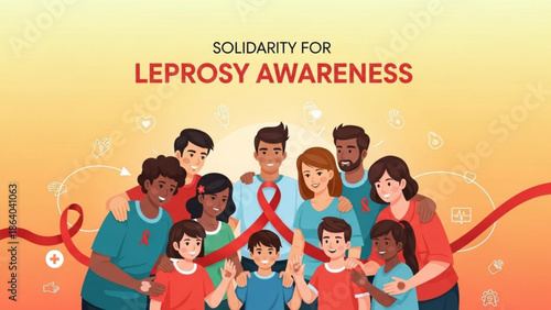 Diverse group of people showing solidarity for leprosy awareness with a red ribbon symbolizing support and hope ideal for health campaigns and medical outreach