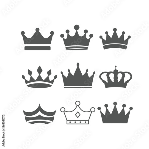 Majestic Crowns: A collection of various stylized crowns, symbols of royalty and power.