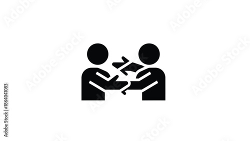 A simple black silhouette depicts two figures seemingly exchanging or passing an object between each other