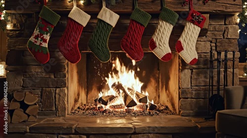 Cozy Fireplace and Stockings: A warm fireplace crackles with burning logs, with colorful stockings hanging above, set in a cozy room, creating an atmosphere of comfort and festivity.