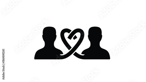 A silhouette depicts two figures with a heart formed by a ribbon connecting them symbolizing love and togetherness