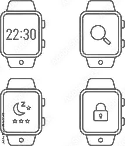Modern smartwatch outline icon set with digital clock search magnifying glass sleep mode moon and security lock symbols.
