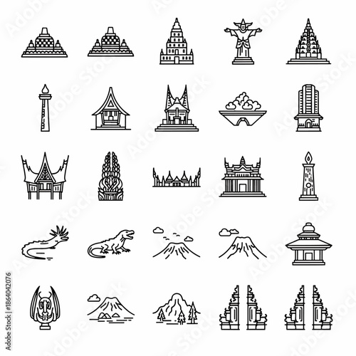 Collection of Indonesian Landmarks and Cultural Symbols Line Art Icons Vector Set Featuring Temples Monuments and Traditional Houses