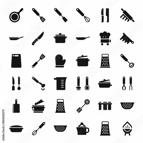 Collection of Kitchen Utensils and Cooking Equipment Icons Isolated on White Background, Culinary Tools Vector Set