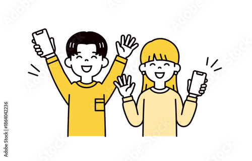スマホを持って、笑顔で手を振る10代・20代の男性と女性のシンプルなベクターイラスト素材セット