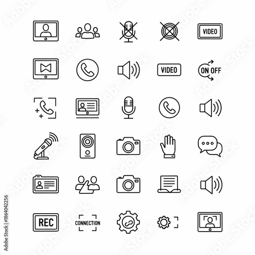 Collection of vector icons representing communication video calls online meetings audio and technology symbols set