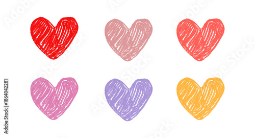 Hand drawn colorful heart set. Cute love symbols in red, pink, purple and yellow, pastel romantic hearts isolated on white background