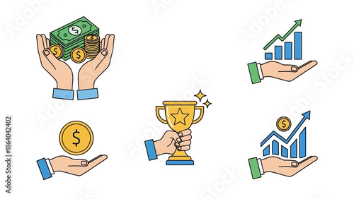 Hands holding various financial and success related objects.