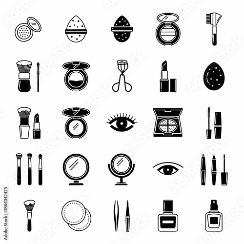 Set of cosmetic makeup icons, vector collection of beauty products and tools, isolated on white background