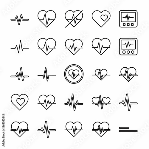 Set of electrocardiogram heartbeat line icons, EKG pulse symbols, and medical heart rate charts, vital signs