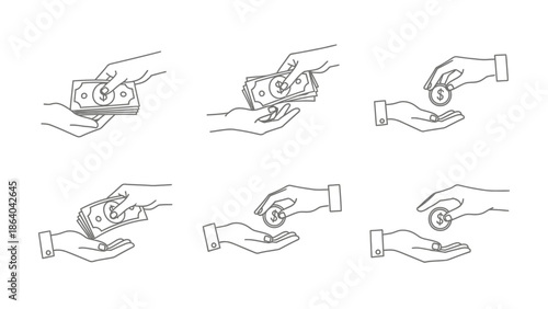 Hands Exchanging Money and Coins in Various Gestures.