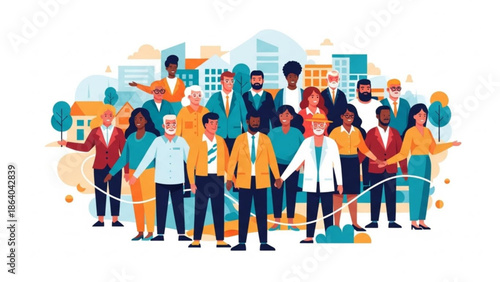 Diverse group of people holding hands in front of a city skyline representing unity and community flat vector illustration for web and social media