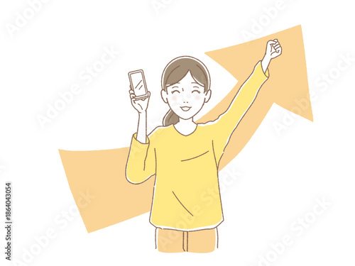 上昇する矢印とスマートフォンを持つ笑顔の女性、ビジネスの成功とガッツポーズのイラスト