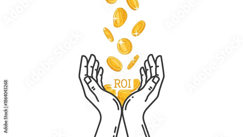 Hands catching falling coins with ROI text symbolizing return on investment and financial gain.