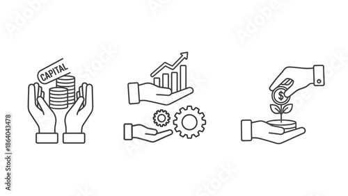 Hands holding capital coins growth chart and plant with coin.