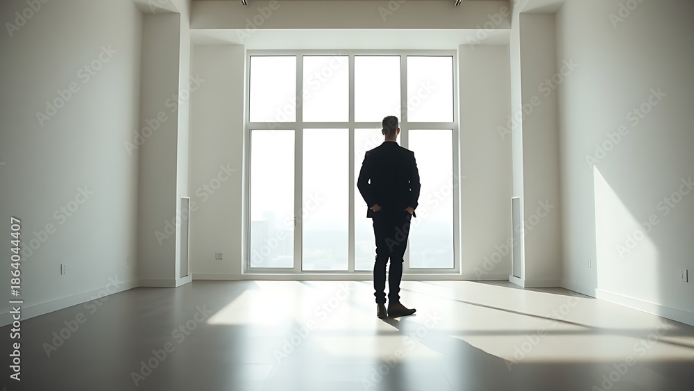 Fototapeta premium A solitary male figure in silhouette against a bright window, evoking contemplation and solitude.