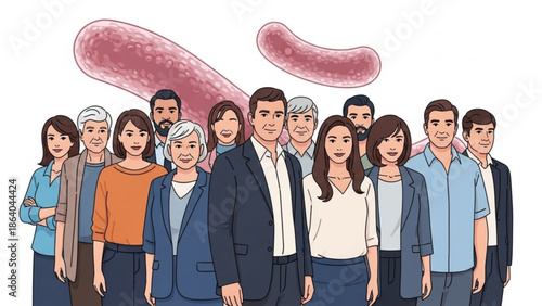 Diverse group of people standing together with abstract bacteria or virus shapes in the background representing health science or disease prevention