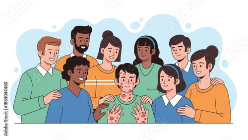 Diverse group of people supporting a person with skin condition illustration of empathy and community care flat design concept for health awareness