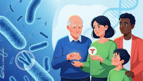 Diverse family and elderly couple interacting with medical icons and DNA helix representing healthcare genetics and science research
