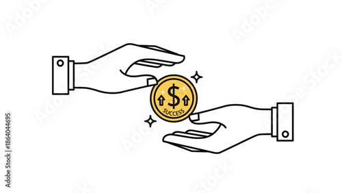 Two hands exchanging a golden dollar coin with sparkles.