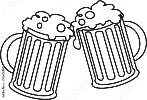 Two classic beer mugs with frothy heads clinking in a cheerful toast outline Vector, illustration