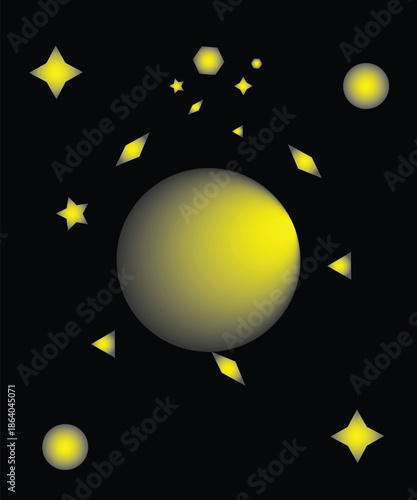 A captivating abstract night sky filled with radiant yellow celestial bodies and geometric stars Vector, illustration