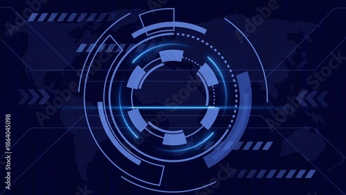 Futuristic Blue Digital HUD Interface with World Map Overlay and Geometric Elements technology