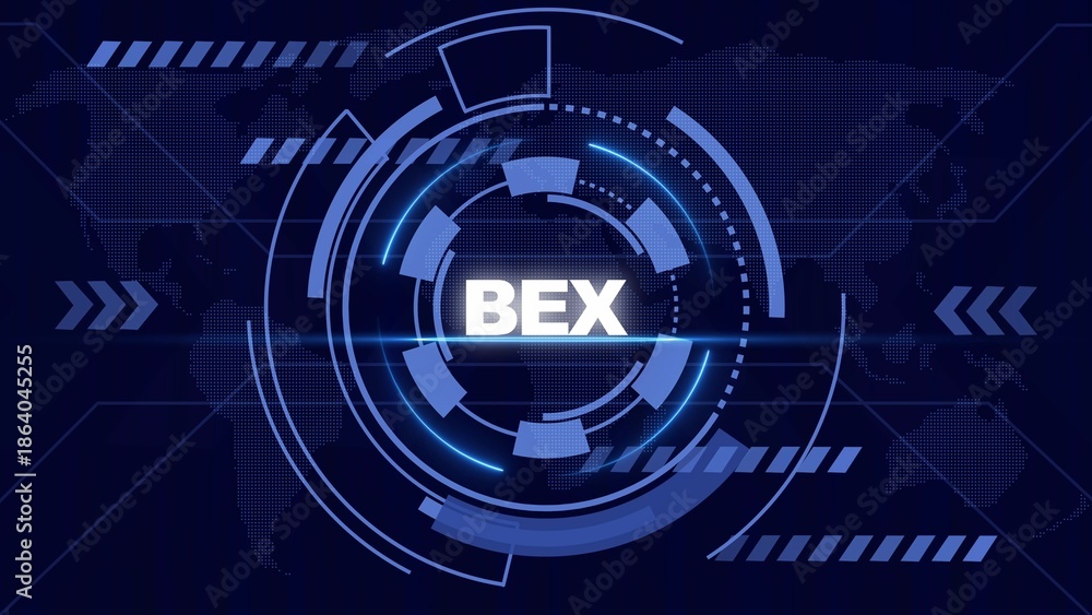 Obraz premium Futuristic Digital Interface with BEX Text and World Map Background technology