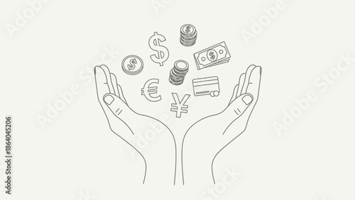 Hands holding various currency symbols and money representing financial management and investment.