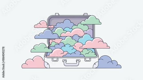 Vibrant clouds spill out of an open suitcase in a whimsical scene