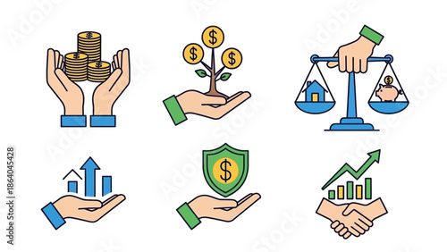 Set of six colorful icons representing various financial and business concepts.