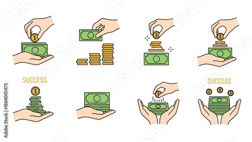 Hands holding money and coins for financial transactions and savings.