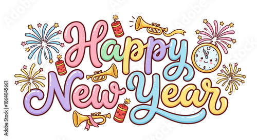 Happy New Year illustration featuring festive elements like fireworks, trumpets, and a clock, conveying celebration and good wishes for the upcoming year