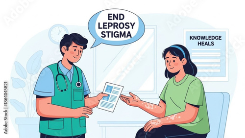 Doctor consulting a patient about leprosy stigma with a speech bubble saying End Leprosy Stigma and a poster Knowledge Heals for medical awareness and healthcare campaigns
