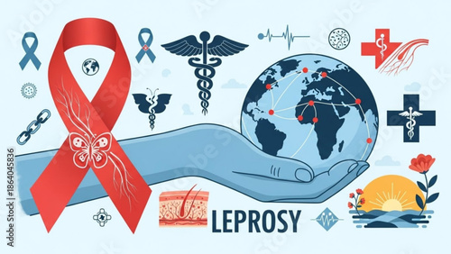 Global leprosy awareness concept red ribbon and earth in hand medical symbols and sunrise illustration for health campaigns