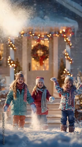 Three Girls Throwing Snow in Front of Warmly Lit Christmas Decorated House