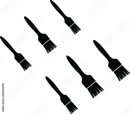 Artistic paint brush silhouette icon set featuring multiple flat and round brushes for painting, DIY, and craft projects.