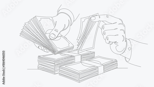 Hands exchanging stacks of cash money illustration.