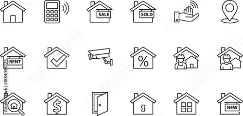 Real estate icon set featuring house symbols for sale, rent, sold, new listings, mortgages, and security surveillance.