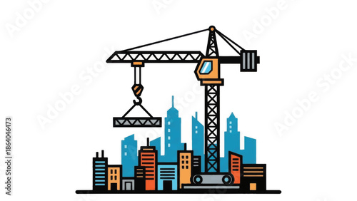 Construction crane lifting building materials in modern cityscape