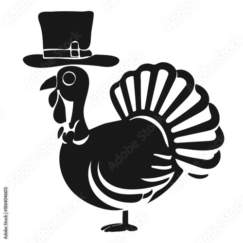 Turkey wearing a hat, symbol of Thanksgiving Day. Vector black silhouette, cartoon flat clipart
