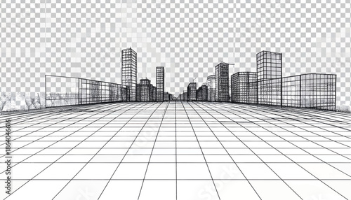 Futuristic cityscape with sleek skyscrapers and grid pattern