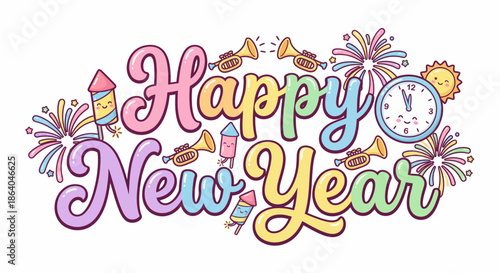 Whimsical 'Happy New Year' greeting illustration with pastel colors, featuring festive fireworks, trumpets, and a countdown clock, perfect for cheerful holiday celebrations