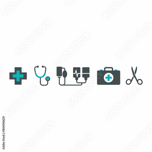 Five dark gray medical icons with teal accents against white background