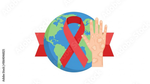Red ribbon and hand with skin condition on globe symbolizing awareness and support for global health issues like AIDS isolated on white