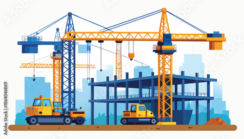 Construction site with cranes and excavator in action