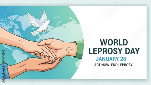 World Leprosy Day concept hands shaking with a dove of peace flying representing global unity and support for ending the disease